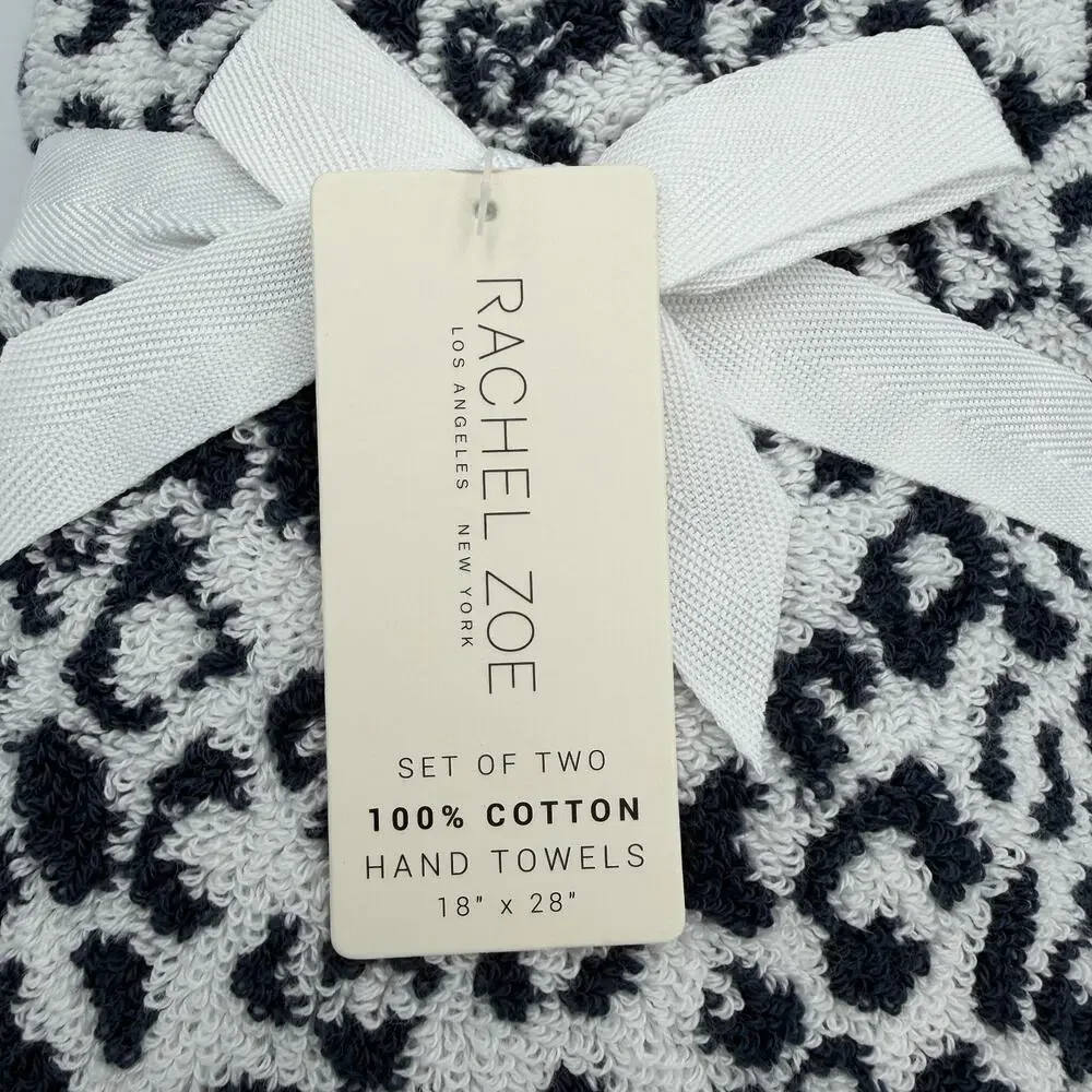 Rachel Zoe Leopard Cheetah Animal Print Hand Towel Set of 2 Navy White 18 x 28